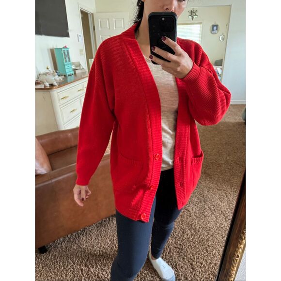 T.G. Dragon bright red knit cardigan womens sweater button up chunky vintage - Picture 1 of 5